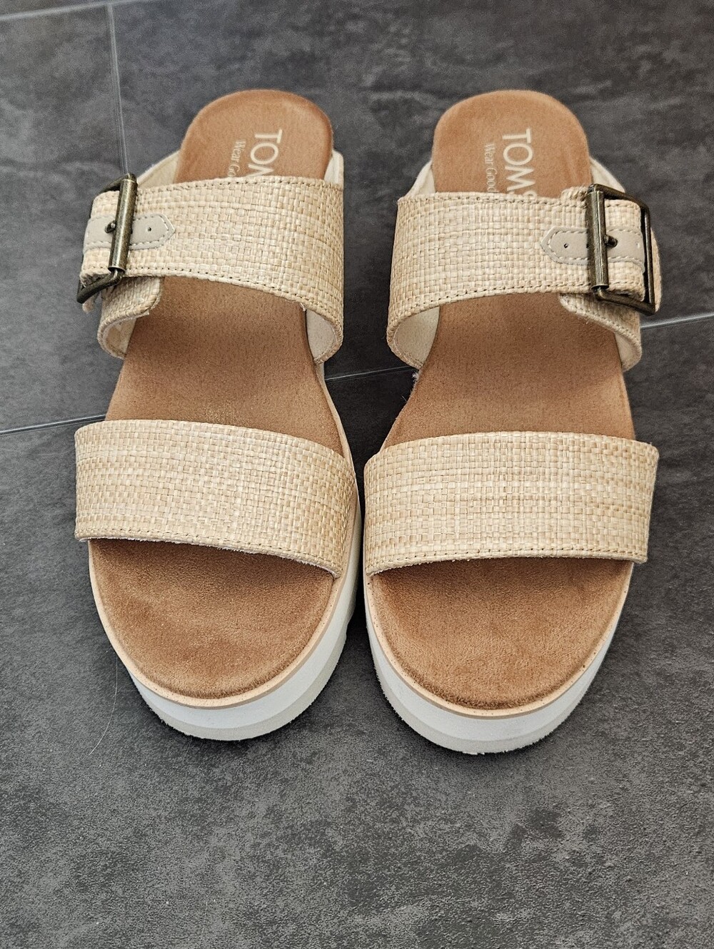 TOMS Natural Woven Double-Strap Slide Sandals with Buckle